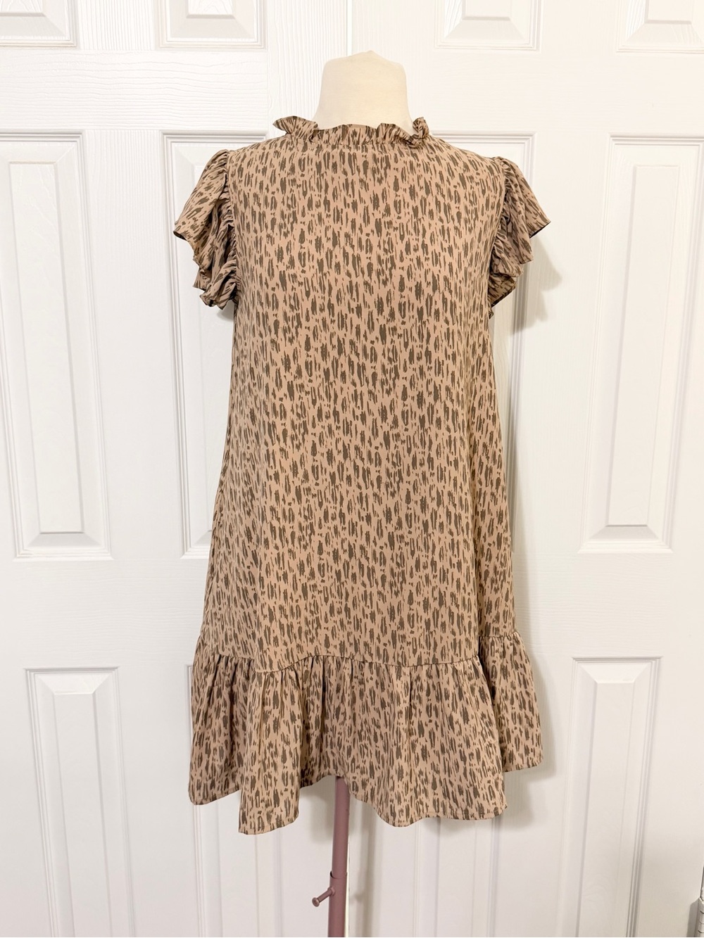 Pinch Beige Printed Ruffle-Sleeve Dress